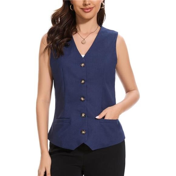 Jackets & Blazers - Womens Linen Vest Waistcoat Lightweight V Neck Navy Blue